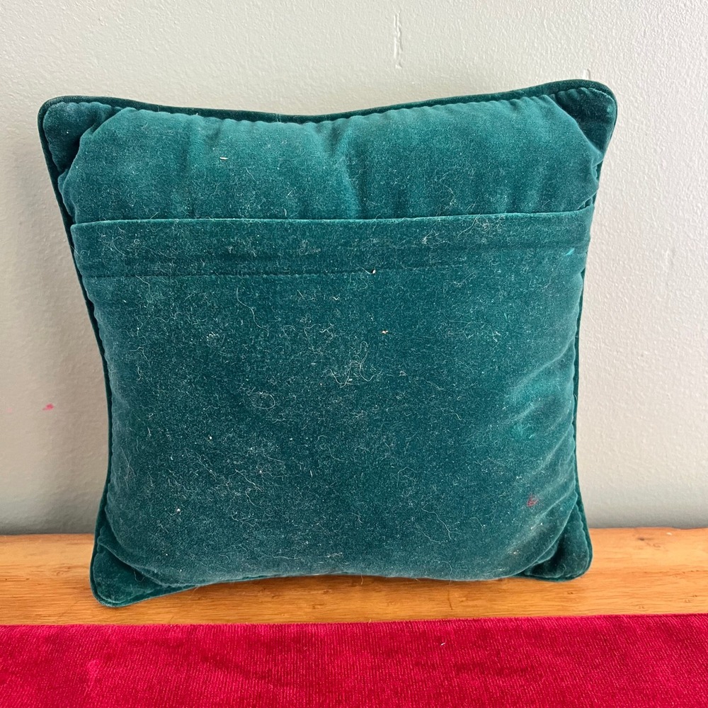 Vintage Needlepoint Deer Pillow Red Green Velvet Rustic Lodge Christmas Decor - Picture 4 of 4